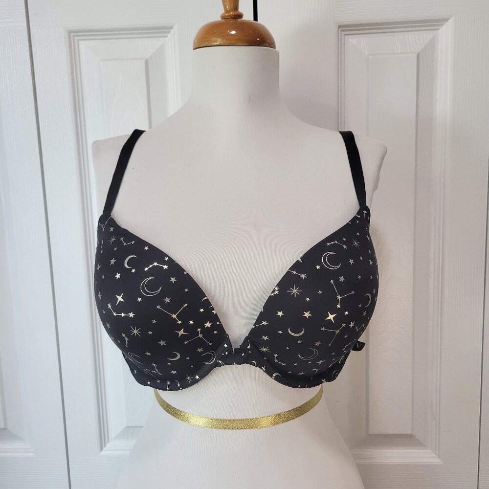 VICTORIA'S SECRET Black Silver Celestial Galaxy Space Push-Up Bra sz 38C NWOT